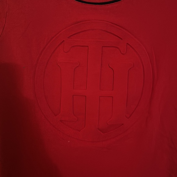 red tommy hilfiger shirt with stripe collar detail and emblem - Picture 2 of 3